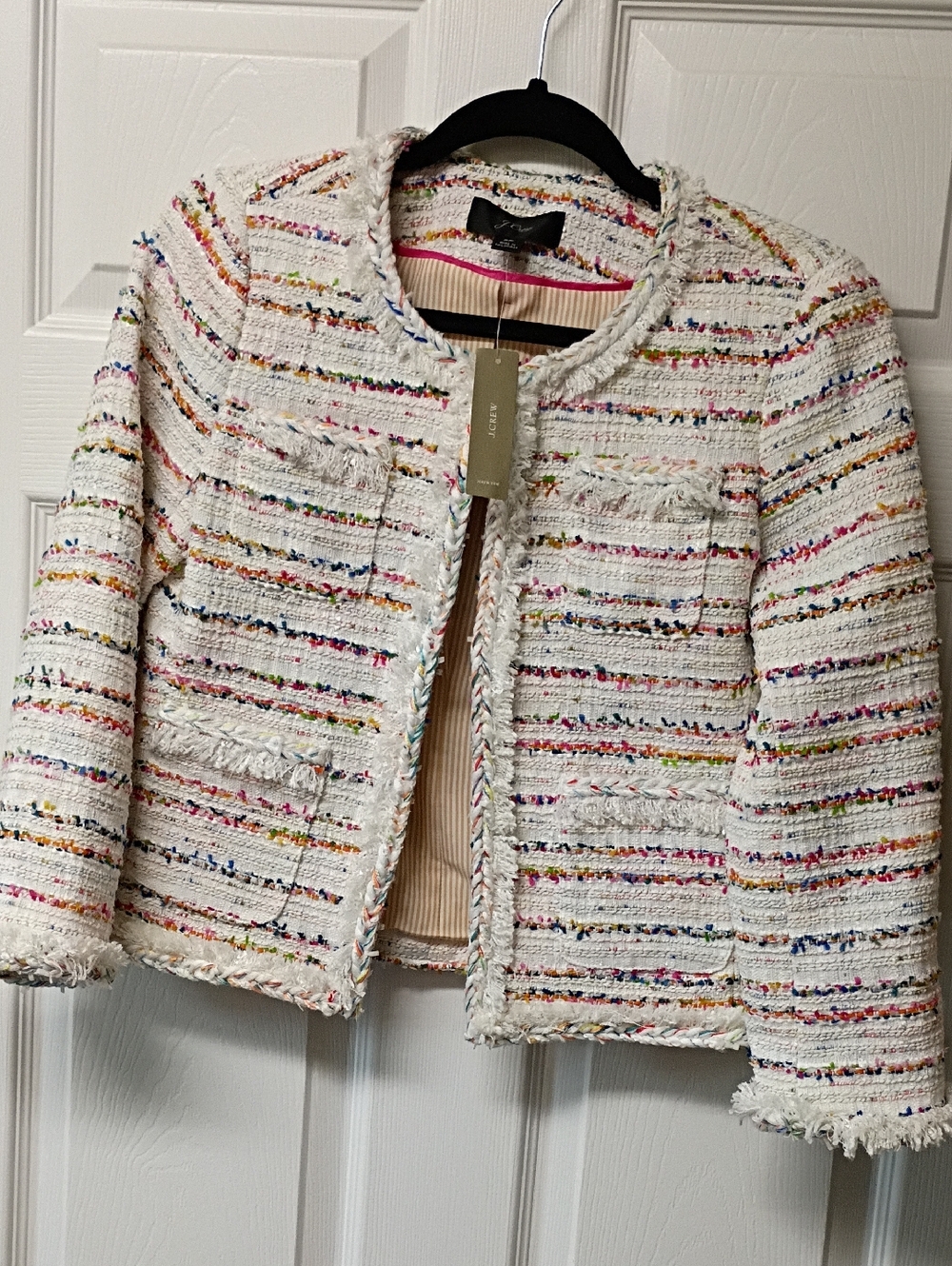 J. Crew Cream Tweed Jacket with Multicolor Stripes